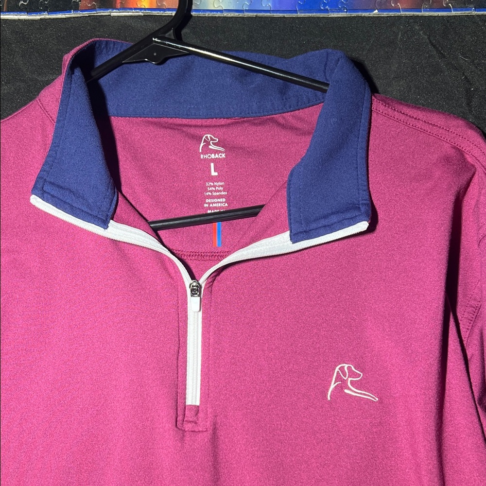 Rhoback Mens Large Q-Zip Performance Pullover Berry Pink Navy Blue Long Sleeve
